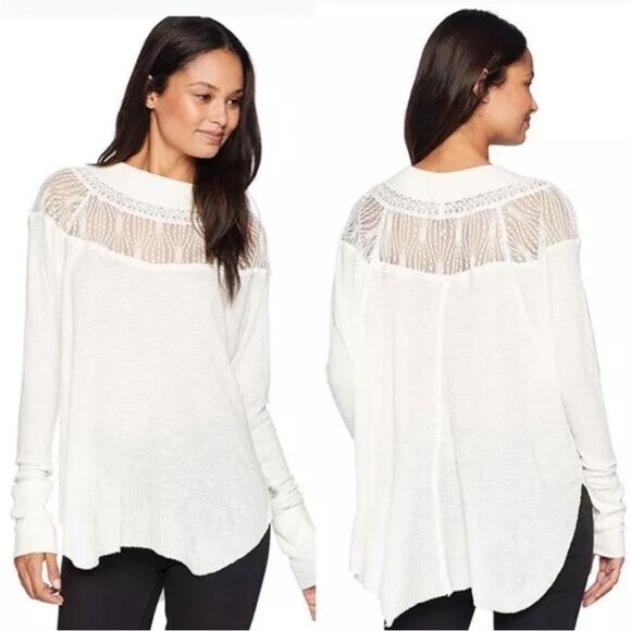 Free People Ivory Boho Lace Trim Thermal Top Size M - Picture 2 of 8
